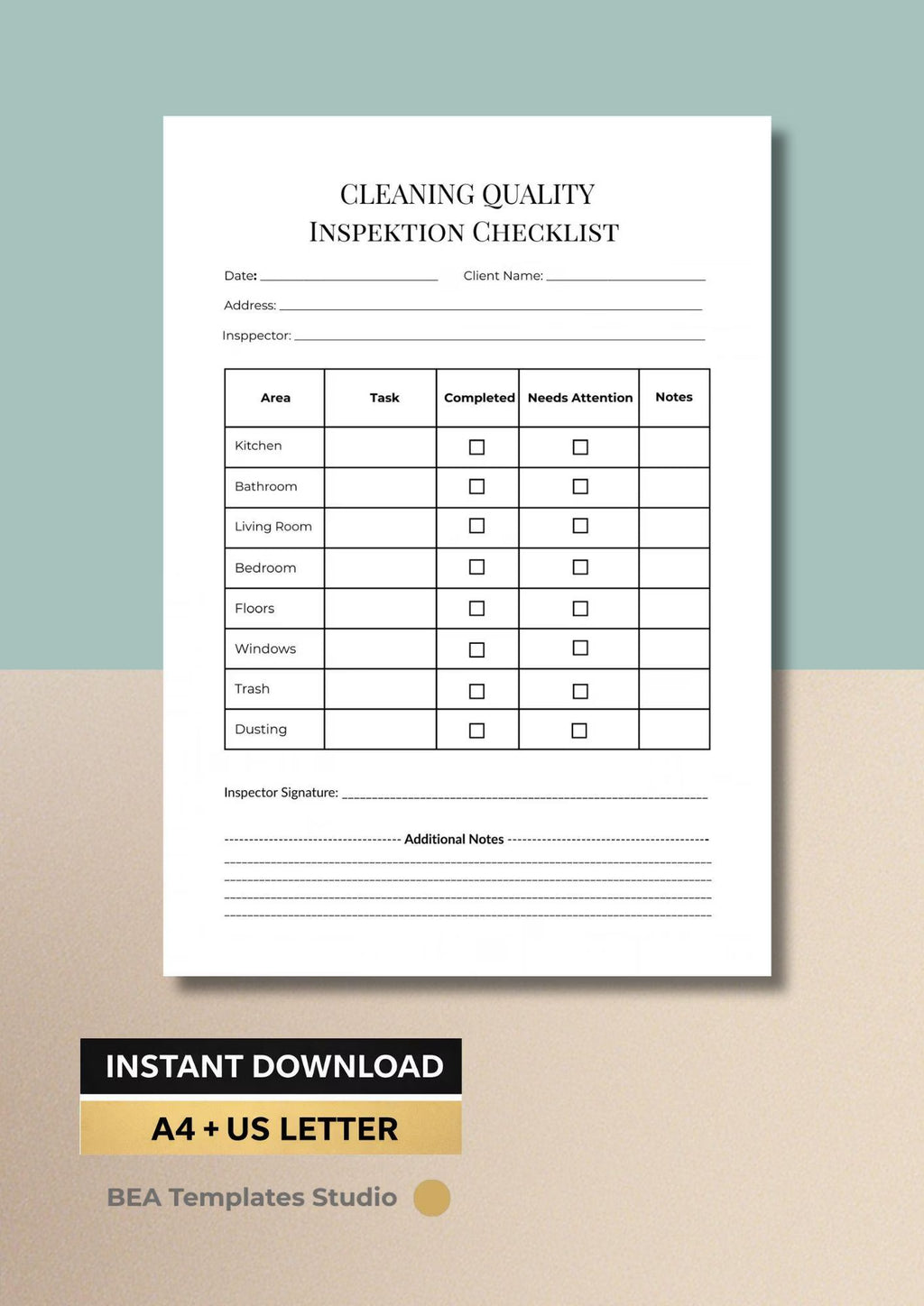 Cleaning Inspection Printable PDF, Housekeeping Audit Form, Business Quality Control Sheet A4 US Letter