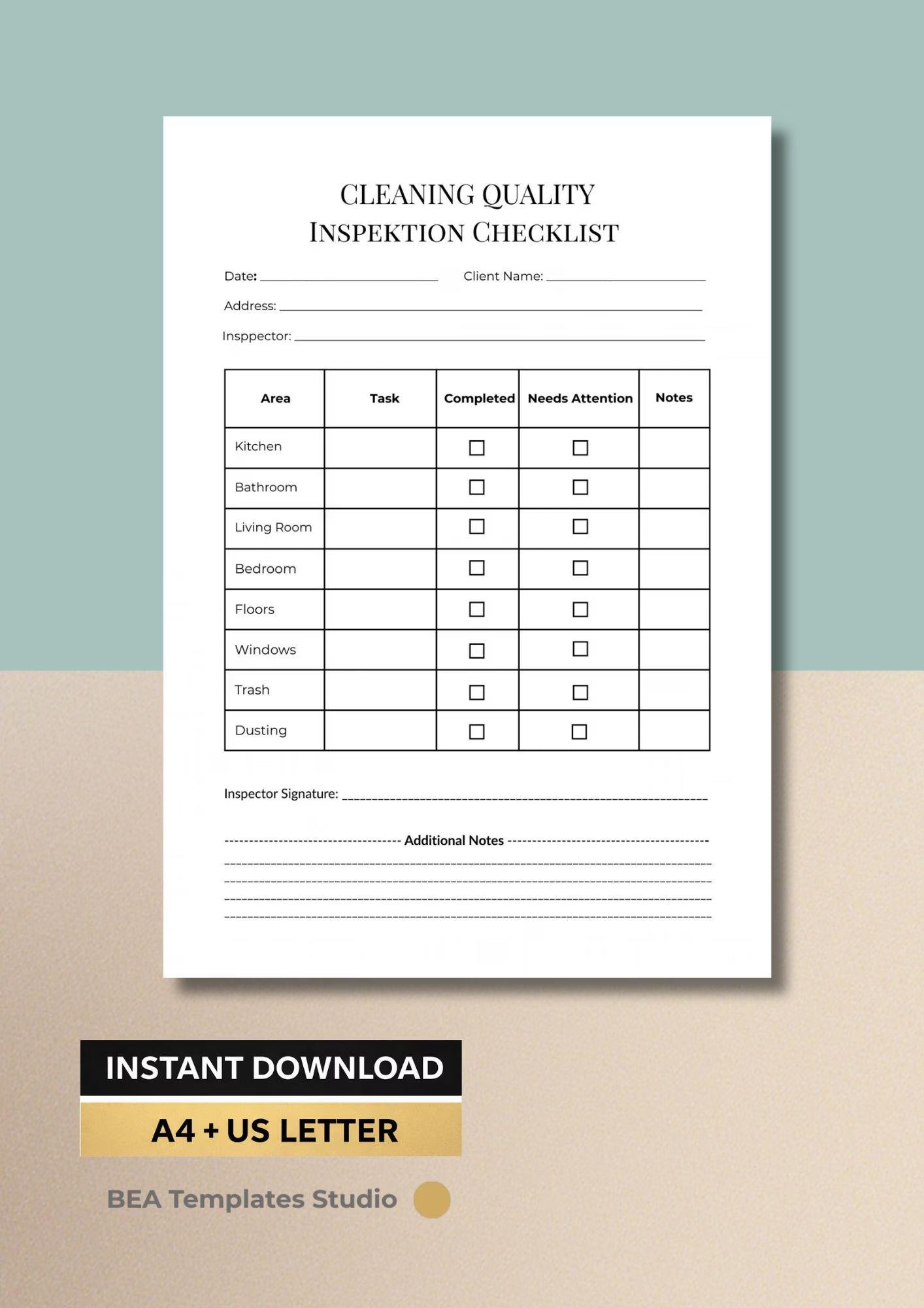 Cleaning Inspection Printable PDF, Housekeeping Audit Form, Business Quality Control Sheet A4 US Letter