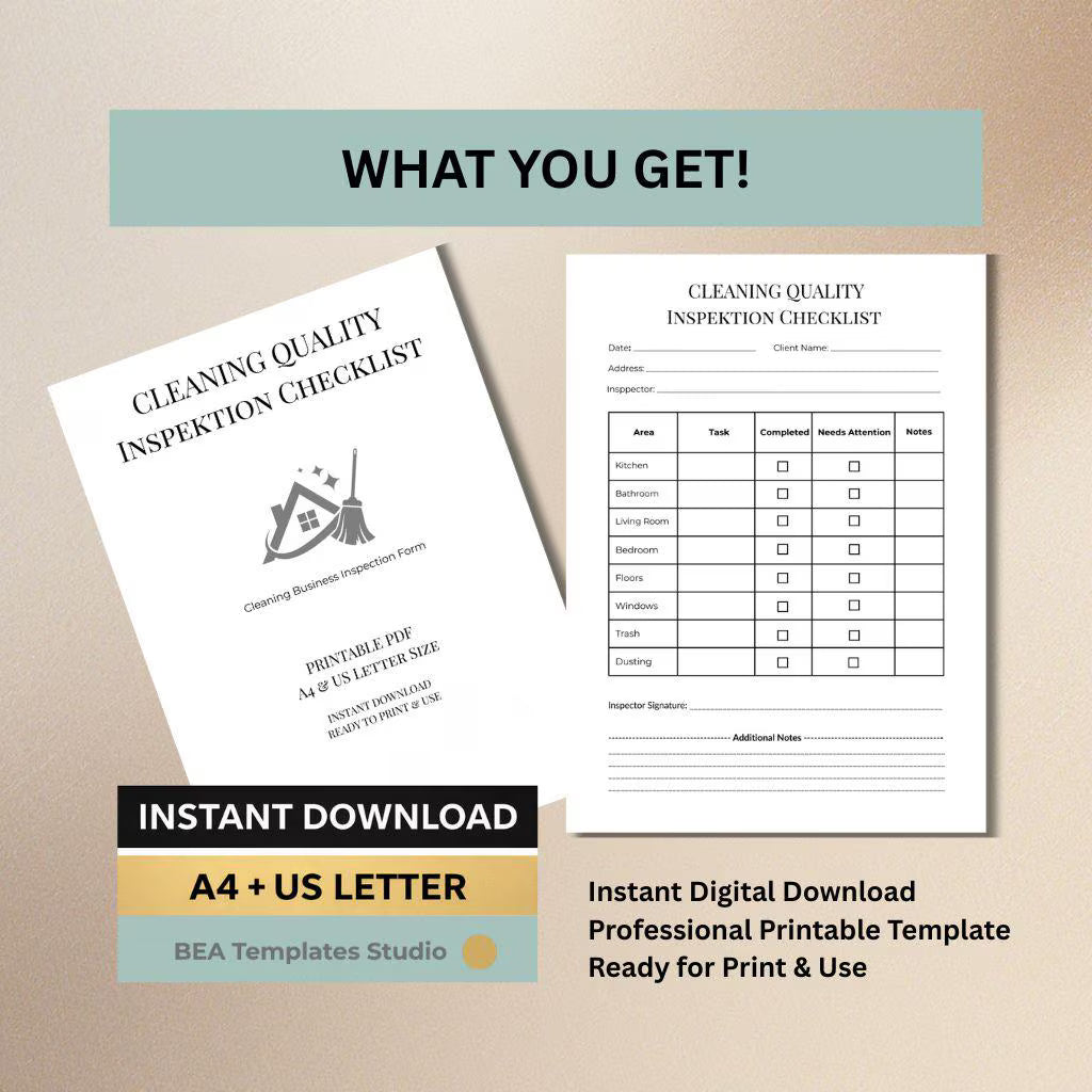 Cleaning Inspection Printable PDF, Housekeeping Audit Form, Business Quality Control Sheet A4 US Letter