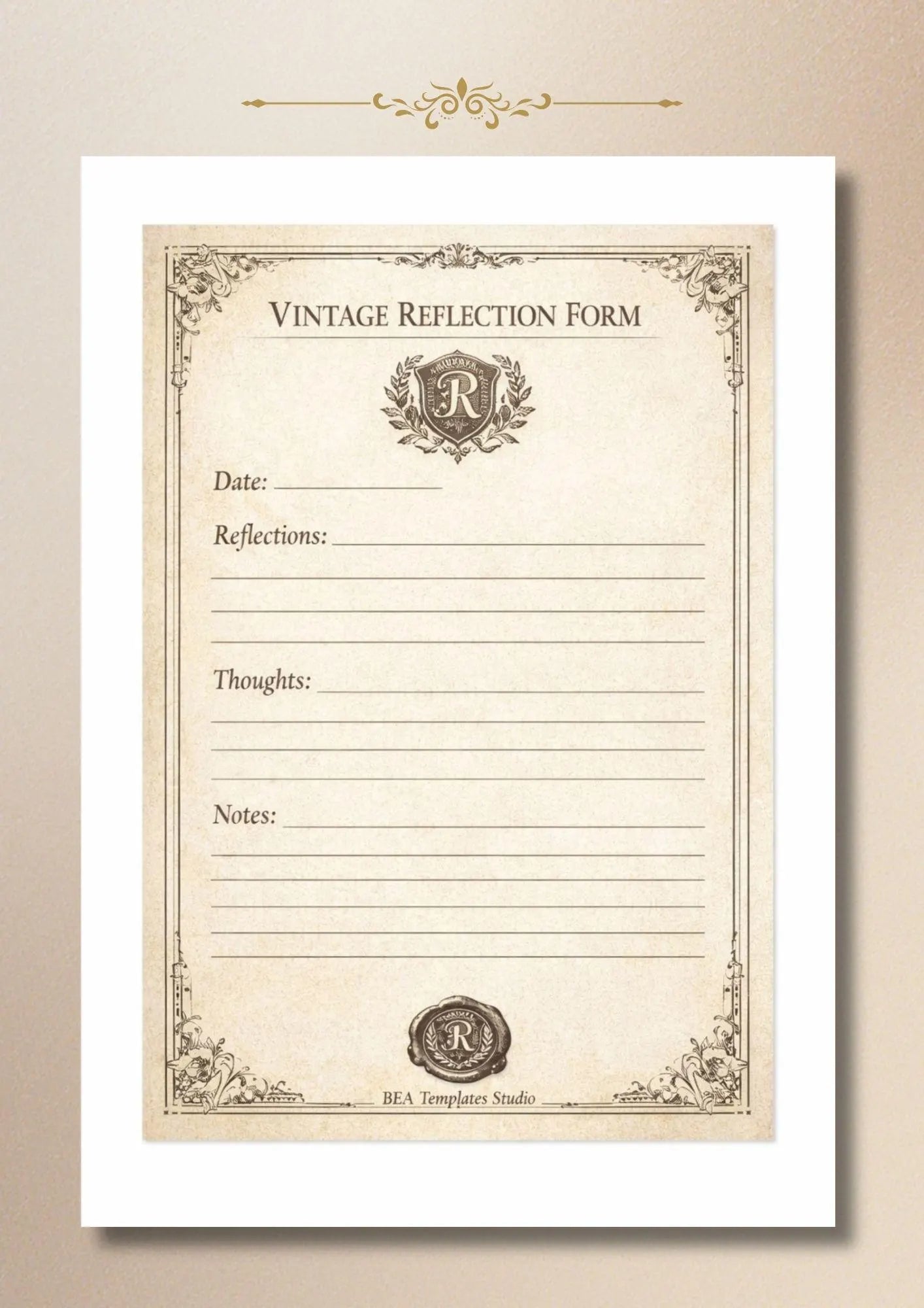 Vintage Reflection Form, Daily Journal Page, Mindfulness Worksheet (A4 US Letter)