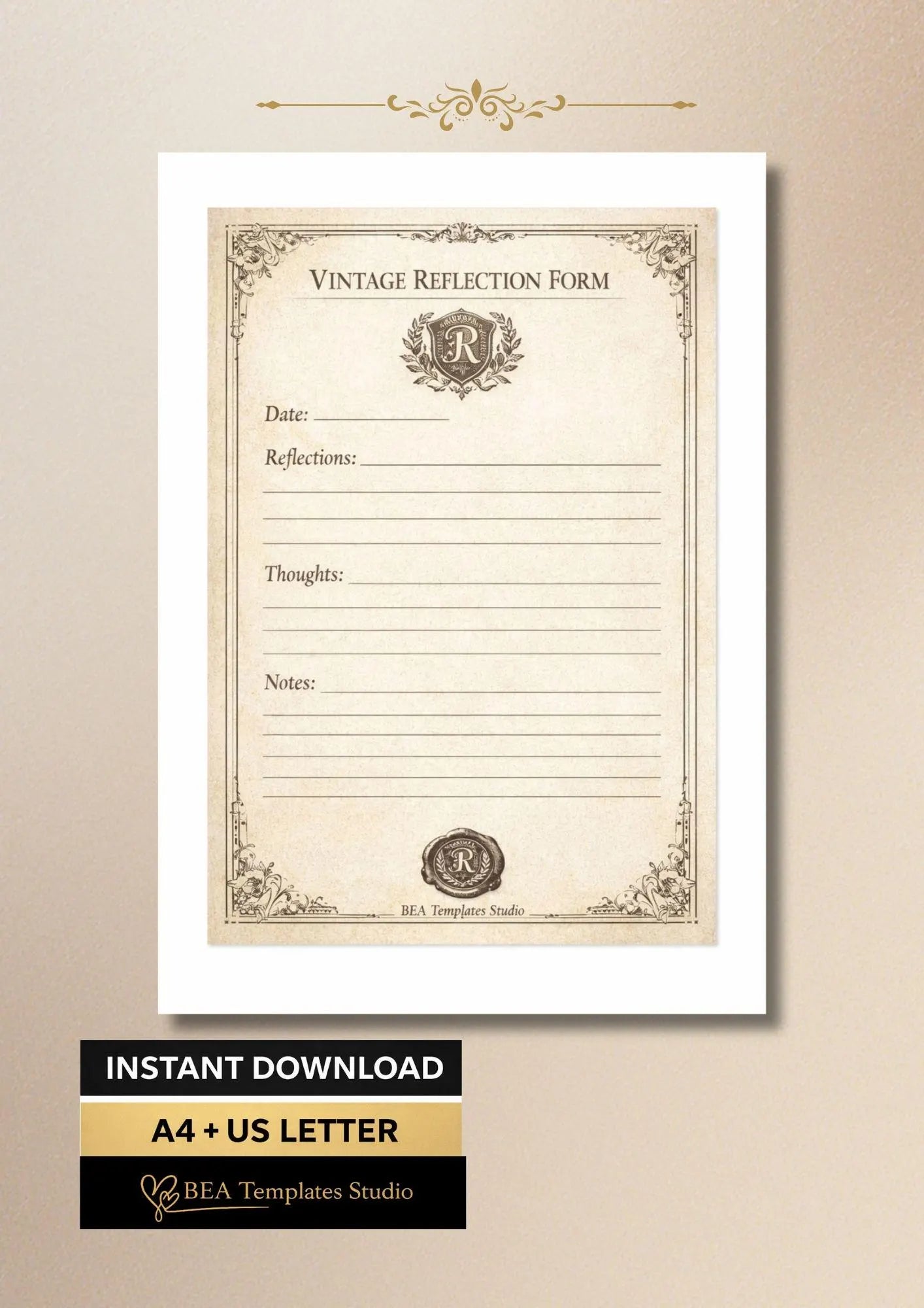 Vintage Reflection Form, Daily Journal Page, Mindfulness Worksheet (A4 US Letter)