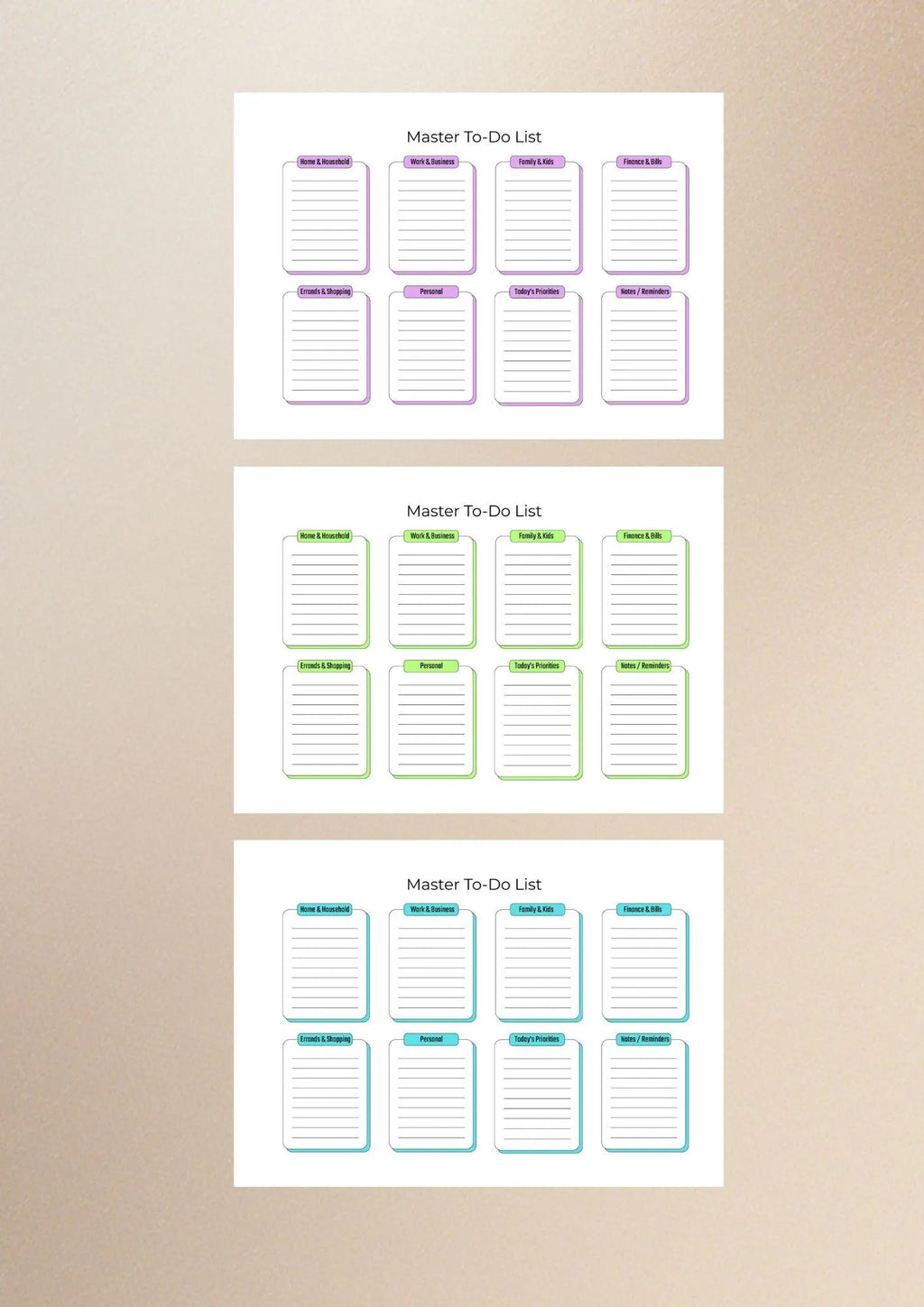 Master To Do List Printable PDF 3 Color Versions A4 US Letter Task Planner
