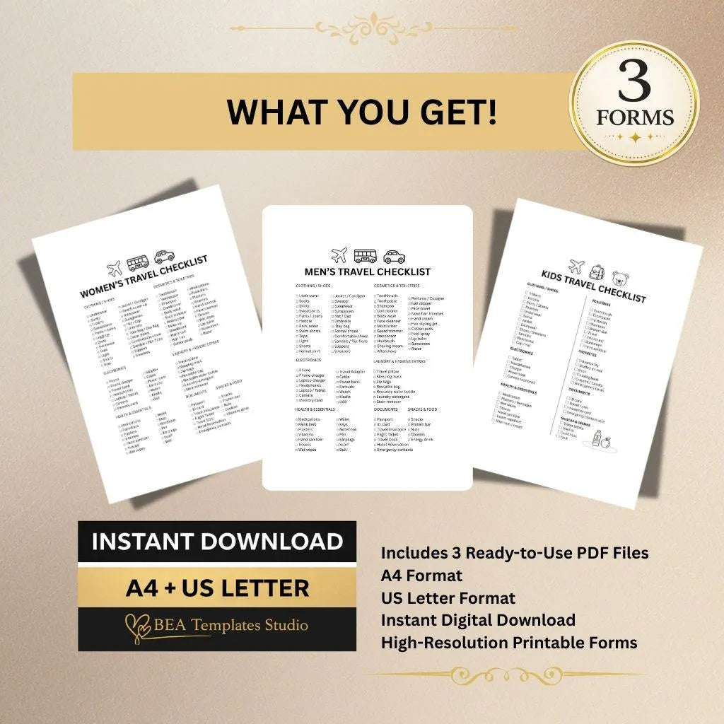 Family Travel Checklist Bundle, Minimal Vacation Packing List (Digital Download)