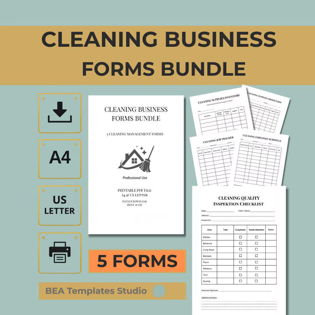 Cleaning Business Forms Bundle, Client Tracker, Job Log (A4 US Letter)