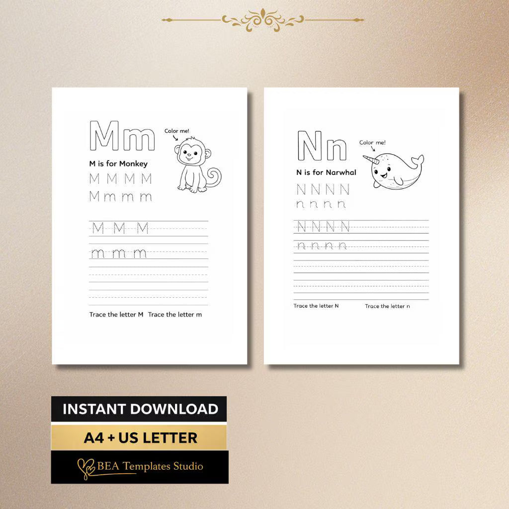 M–R Alphabet Tracing Worksheets, Animal Letter Handwriting Practice Printable for Preschool, Instant Download PDF