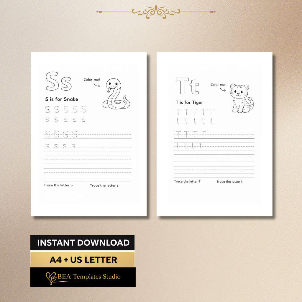 Alphabet Handwriting Worksheets S-X | Animal Letter Tracing Practice (Digital Download)