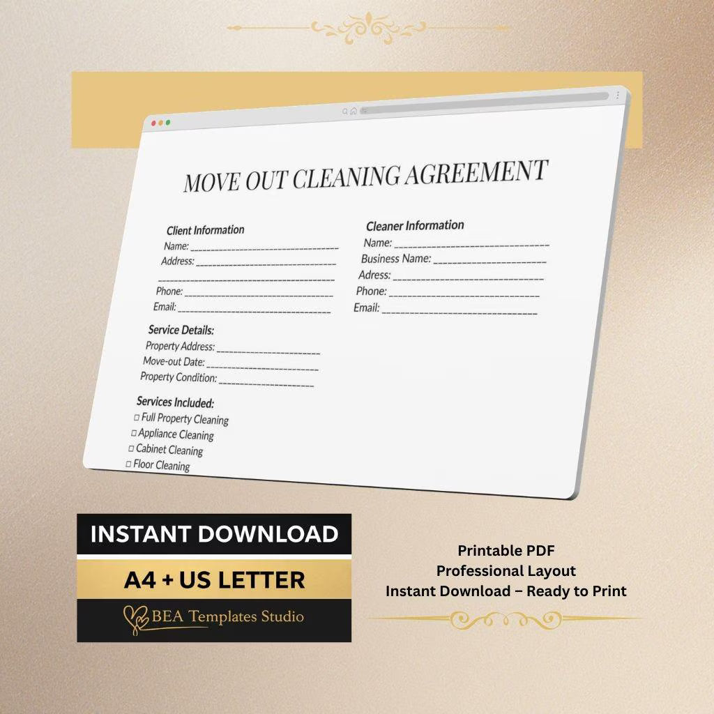 Move Out Cleaning Agreement Template, Tenant Contract, Cleaning Business Service Form (Digital Download)