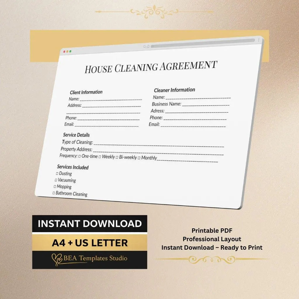 House Cleaning Agreement Template, Service Contract for Cleaning Business, Client Form A4 US Letter