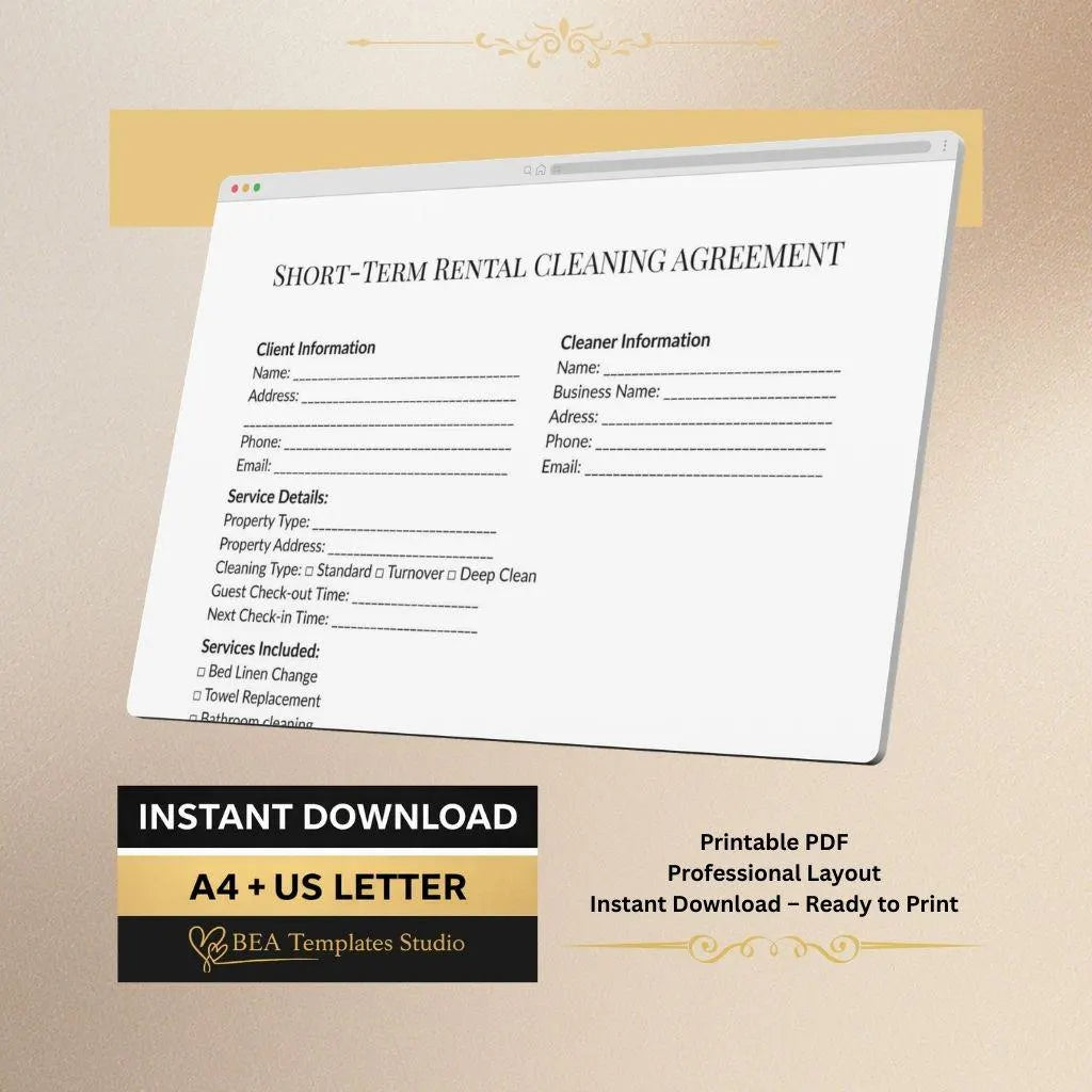 Short Term Rental Cleaning Agreement Template, Vacation Contract (A4/US Letter)