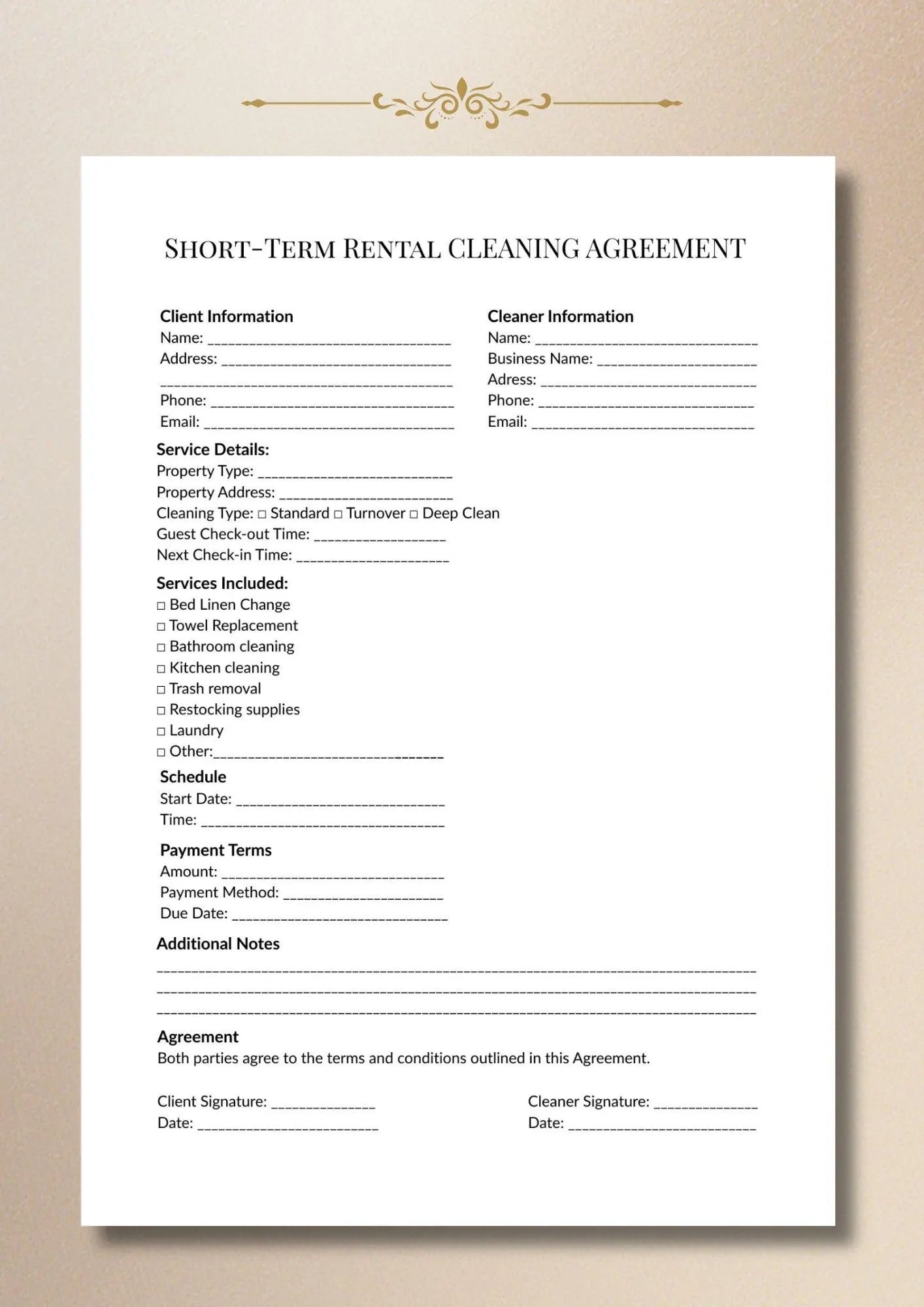 Short Term Rental Cleaning Agreement Template, Vacation Contract (A4/US Letter)