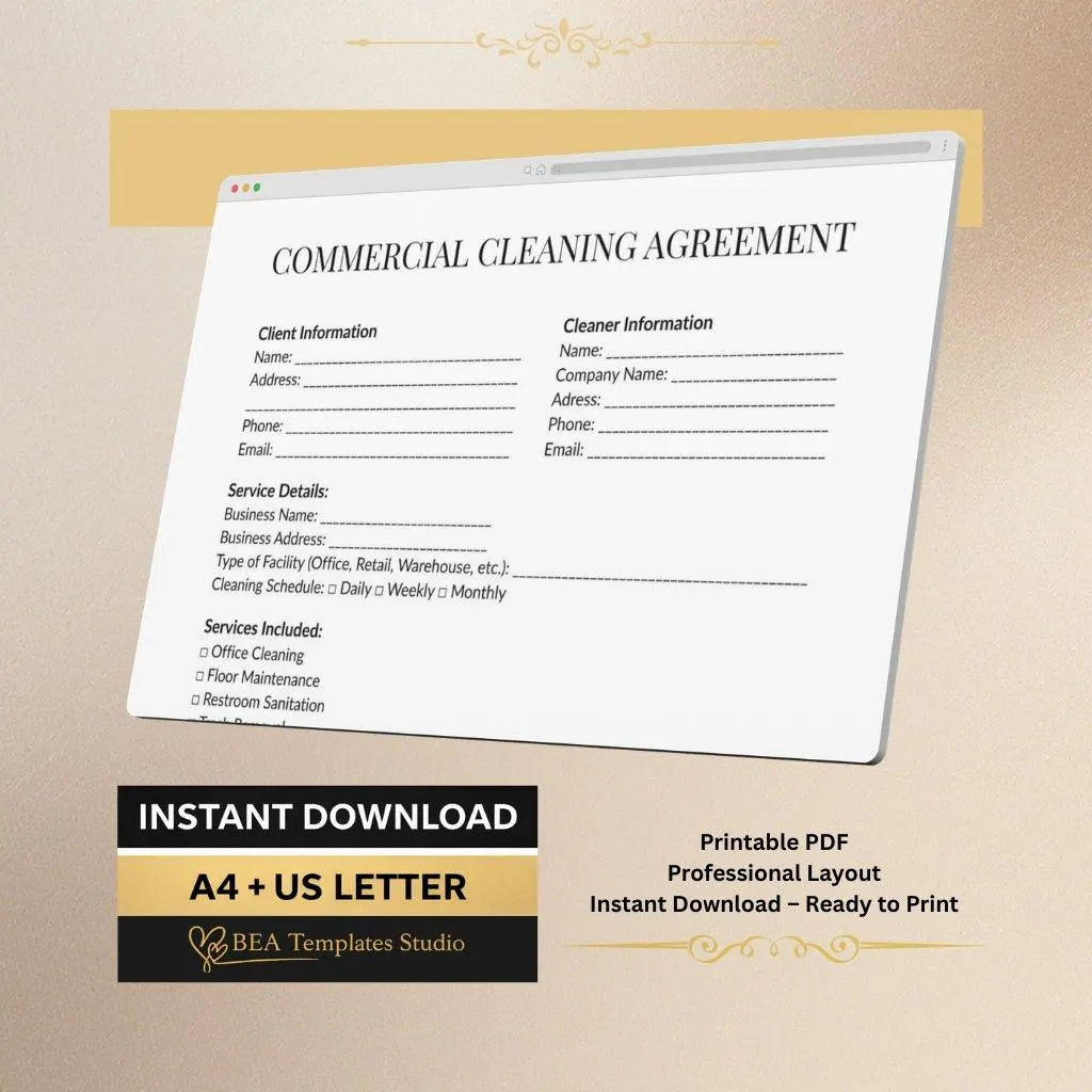 Commercial Cleaning Contract Template Printable PDF, Service Agreement, Business Contract A4 US Letter