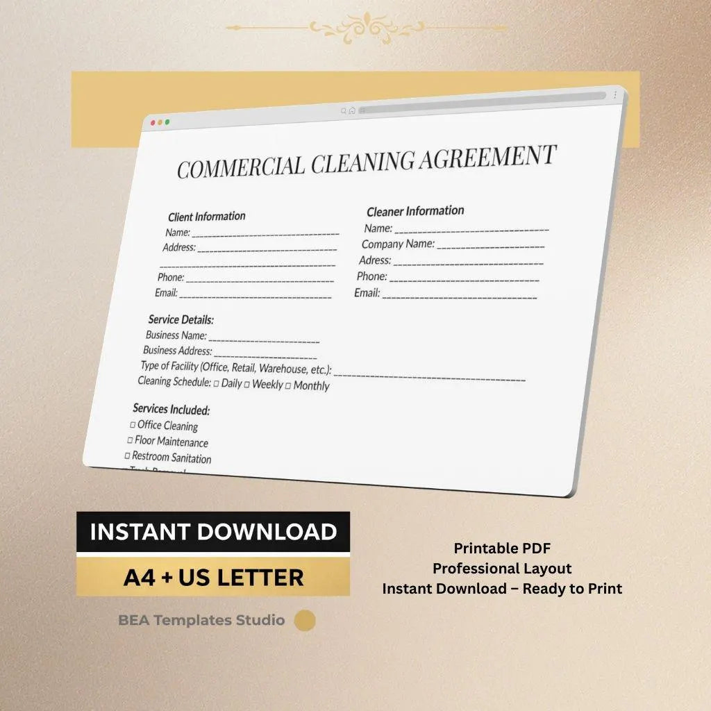 Cleaning Contract Template, House Cleaning Agreement, Business Forms for Cleaners, Commercial PDF