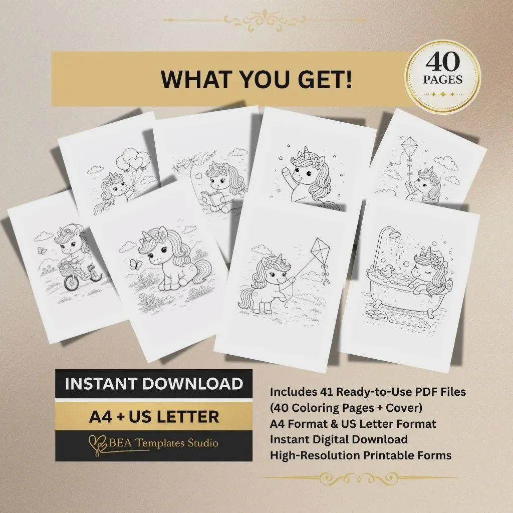 Unicorn Coloring Pages for Kids, 80 Printable Sheets, Kids Activity Book PDF, Instant Download