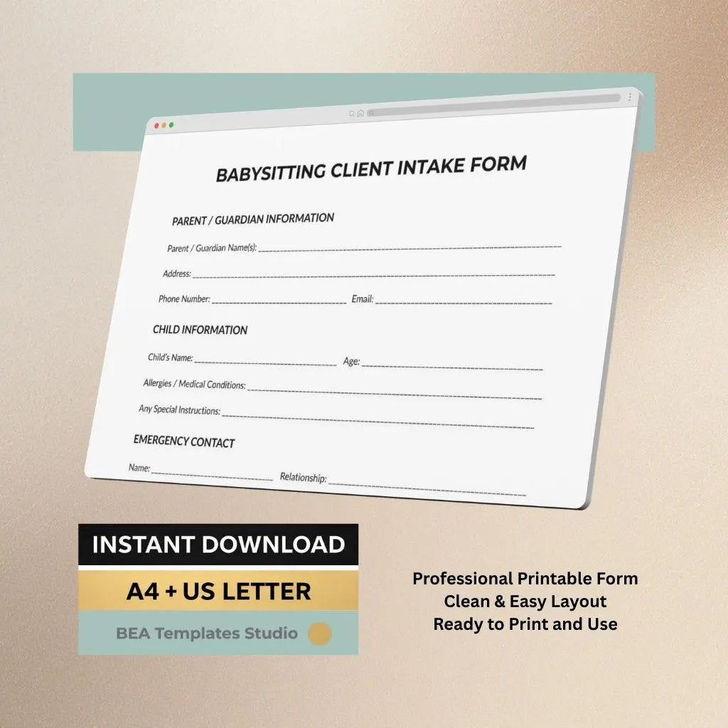 Babysitter Client Intake Form Printable PDF, Childcare Registration Form, Nanny Template A4 US Letter