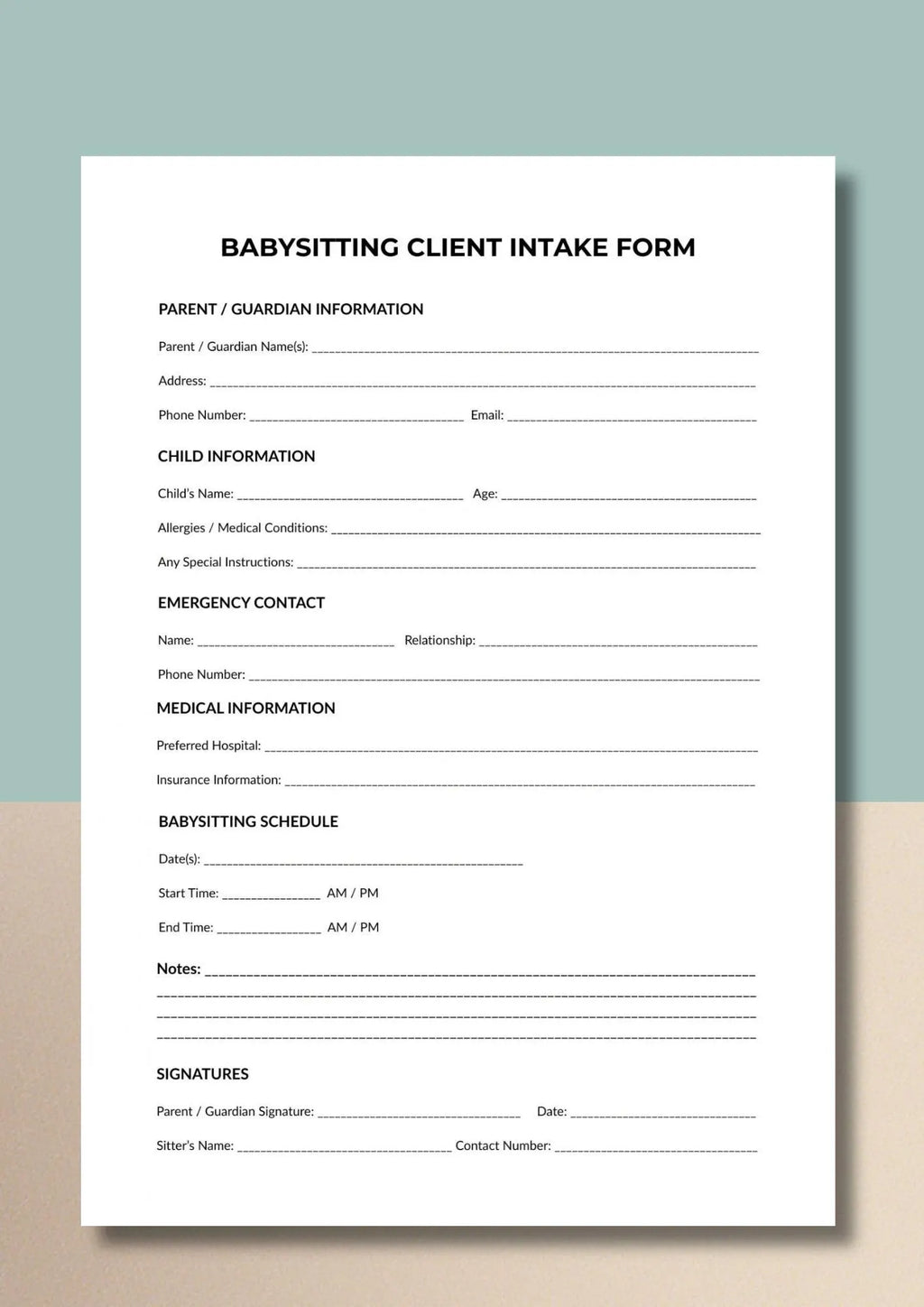 Babysitter Client Intake Form Printable PDF, Childcare Registration Form, Nanny Template A4 US Letter
