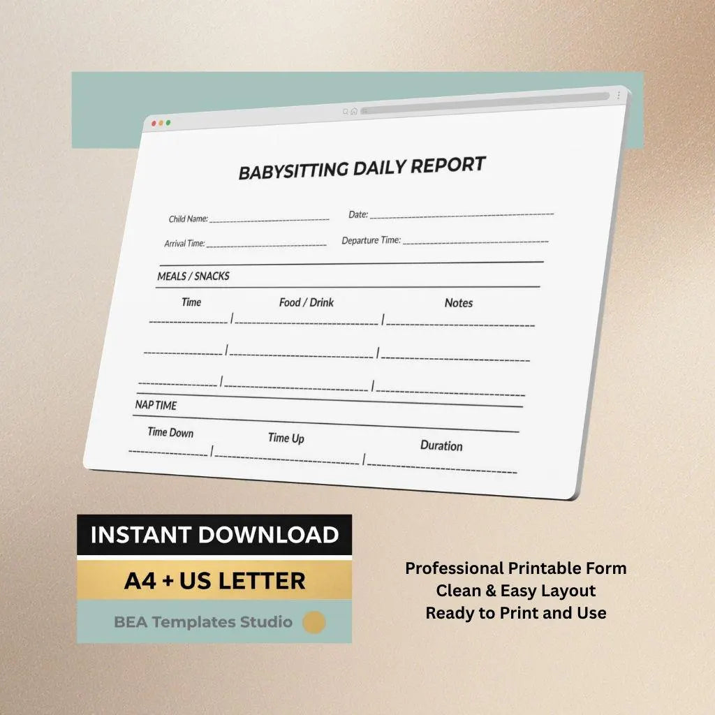 Babysitting Daily Report Printable PDF, Nanny Daily Log, Childcare Activity Sheet A4 US Letter