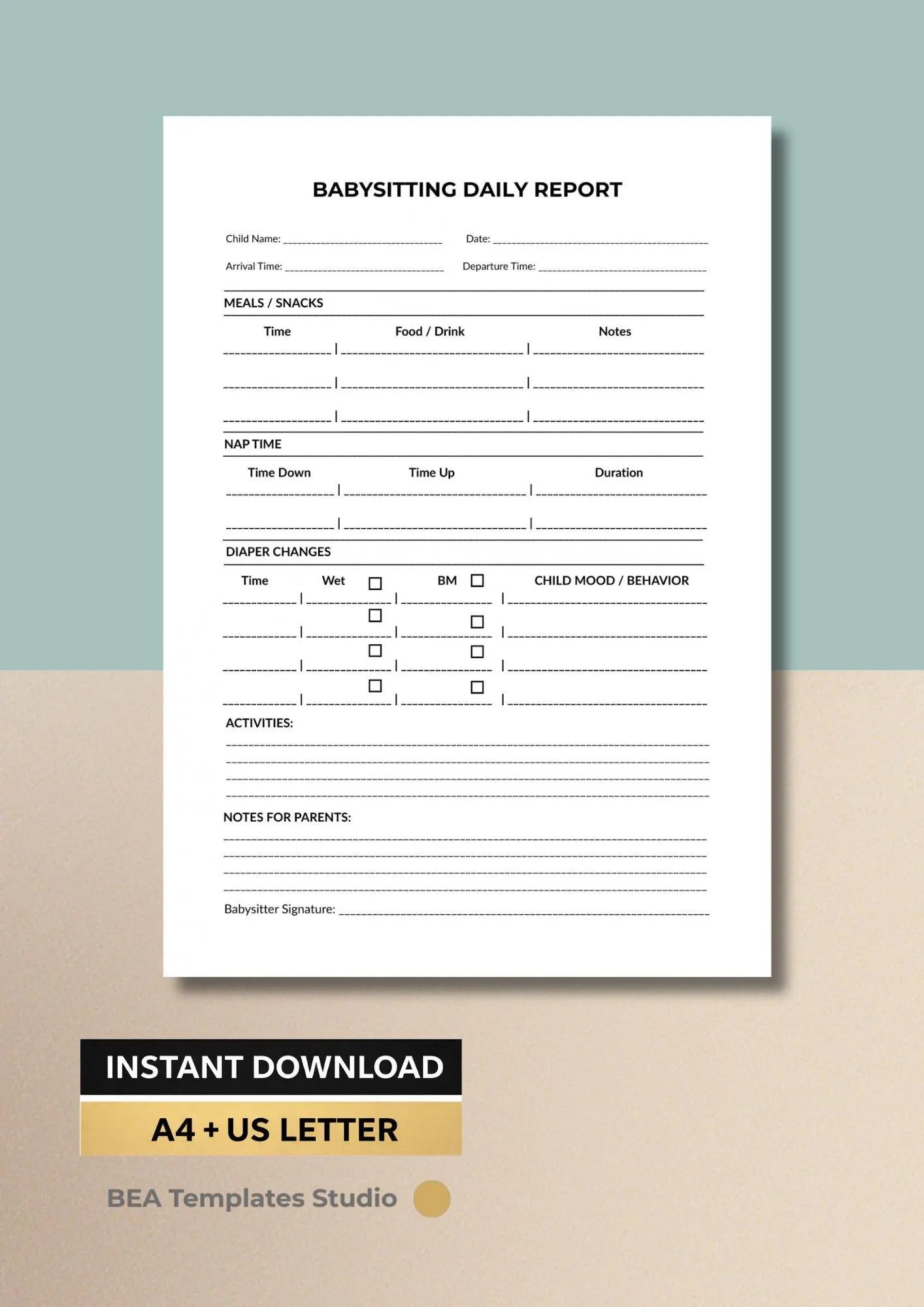 Babysitting Daily Report Printable PDF, Nanny Daily Log, Childcare Activity Sheet A4 US Letter