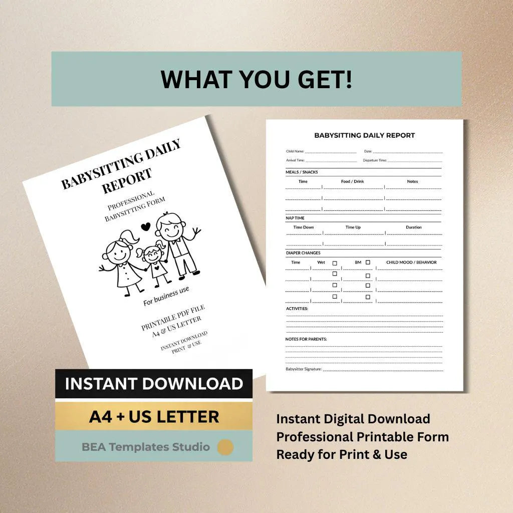 Babysitting Daily Report Printable PDF, Nanny Daily Log, Childcare Activity Sheet A4 US Letter