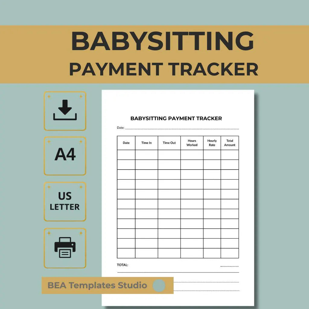 Babysitting Payment Tracker Printable PDF, Nanny Income Log, Childcare Record A4 US Letter