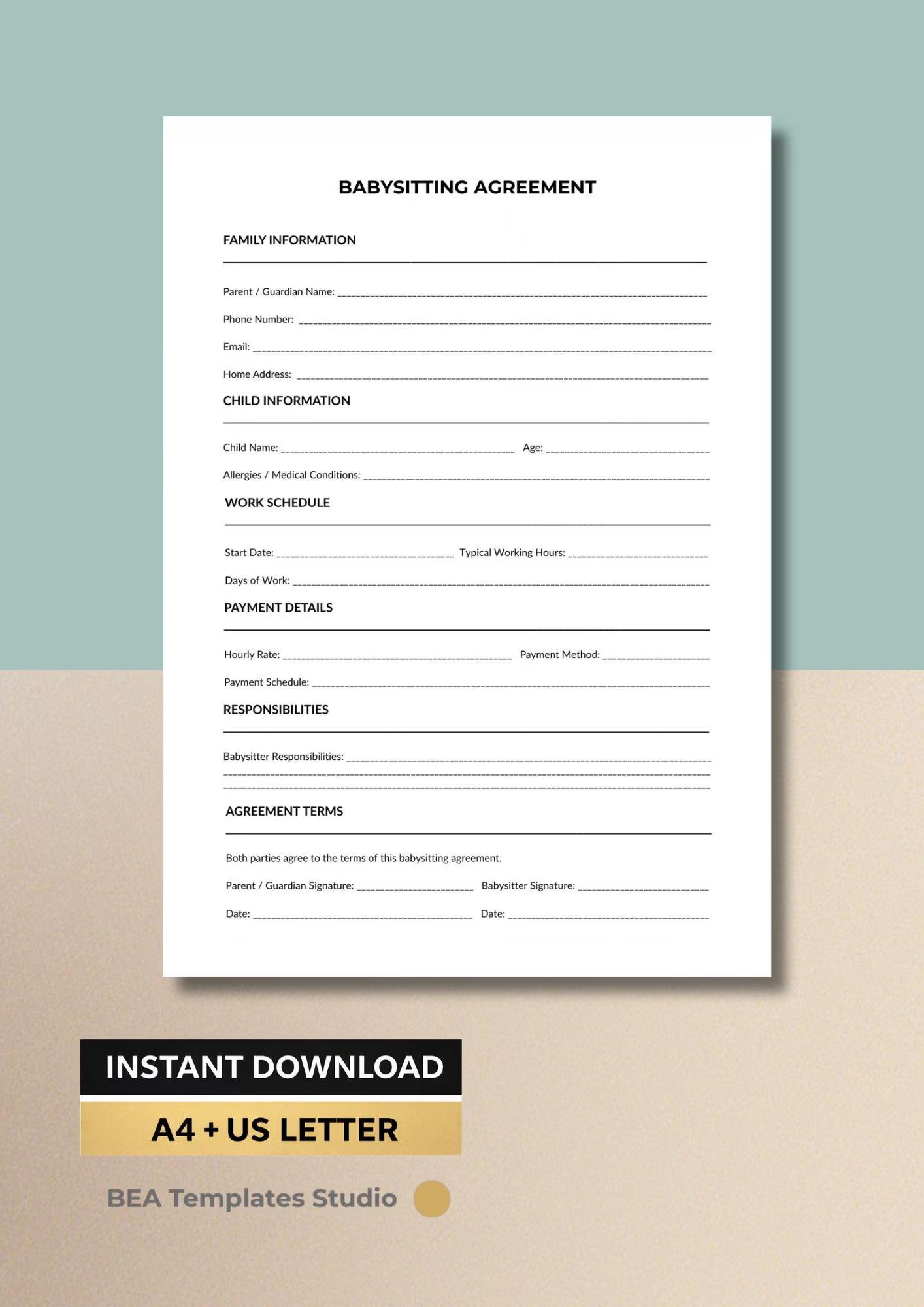 Babysitting Agreement Printable, Nanny Contract Template, Childcare Terms Sheet (A4 US Letter)