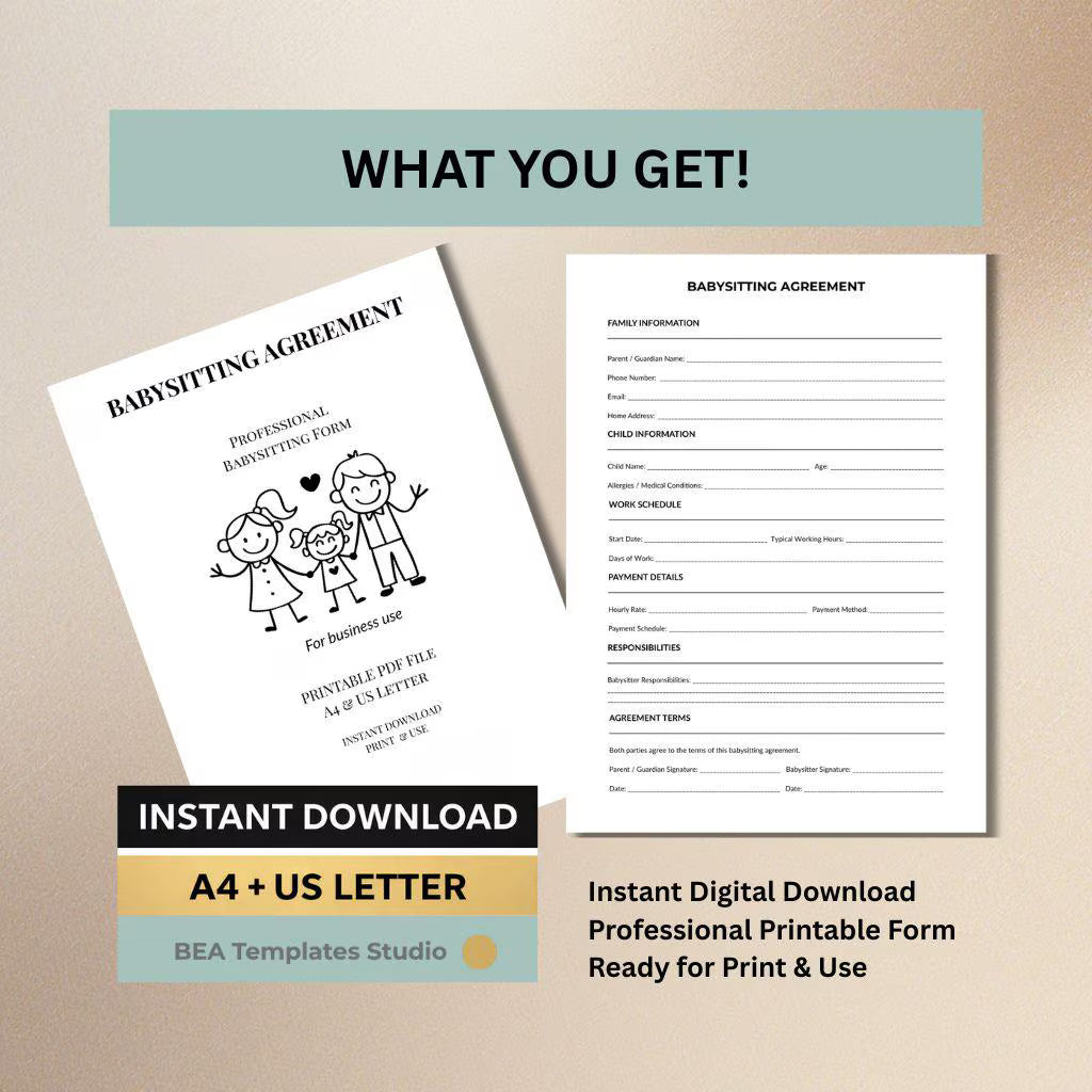 Babysitting Agreement Printable, Nanny Contract Template, Childcare Terms Sheet (A4 US Letter)