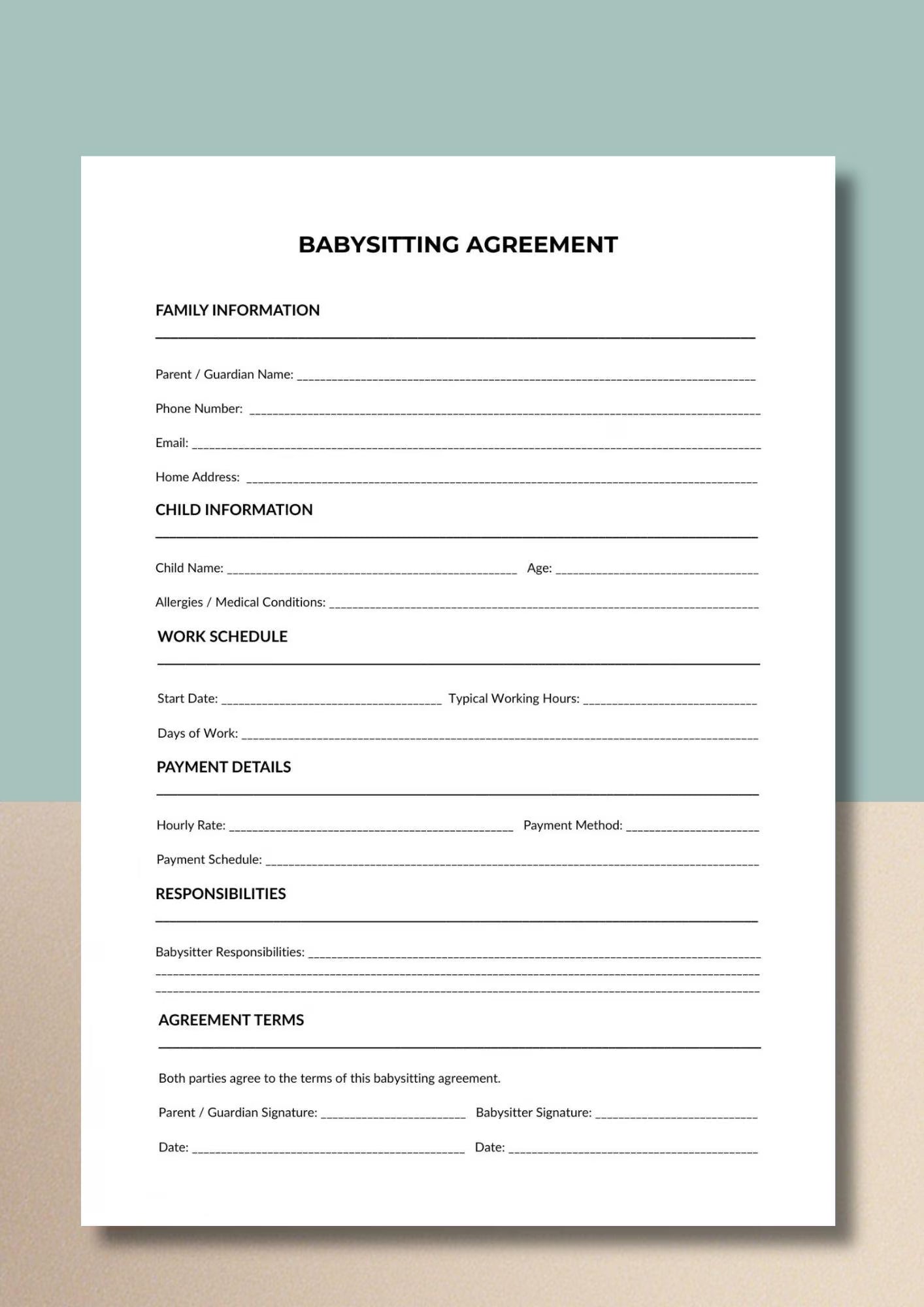 Babysitting Agreement Printable, Nanny Contract Template, Childcare Terms Sheet (A4 US Letter)