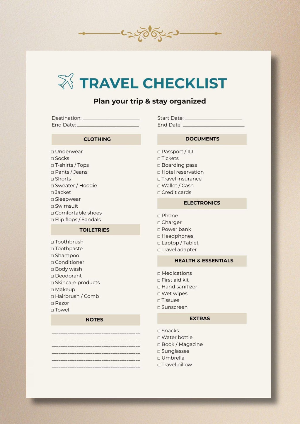 Travel Checklist Printable PDF, Packing List Planner, Vacation Organizer A4 US Letter