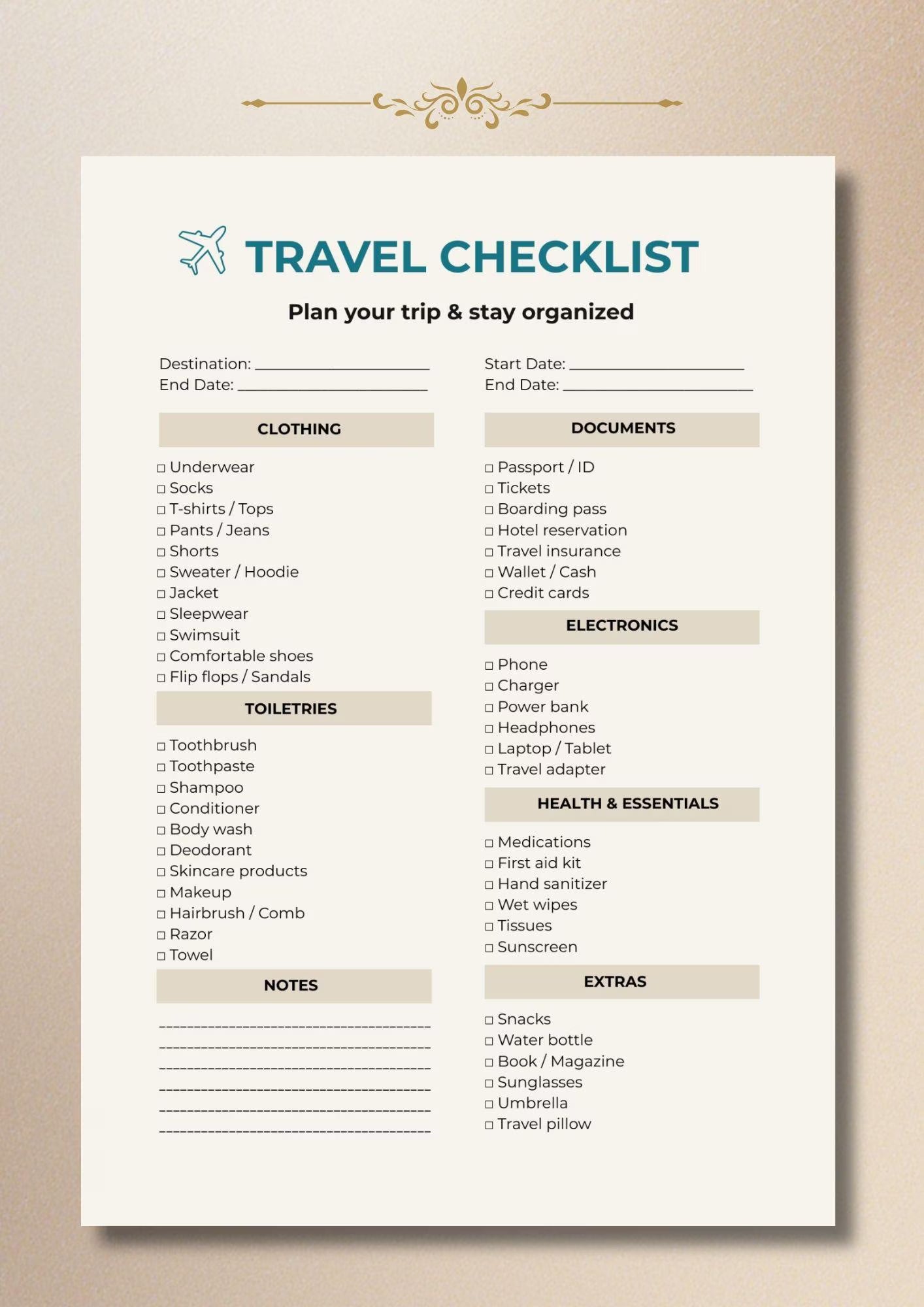 Travel Checklist Printable PDF, Packing List Planner, Vacation Organizer A4 US Letter