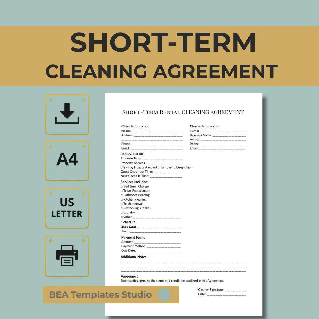 Short Term Rental Cleaning Agreement Template, Vacation Contract (A4/US Letter)
