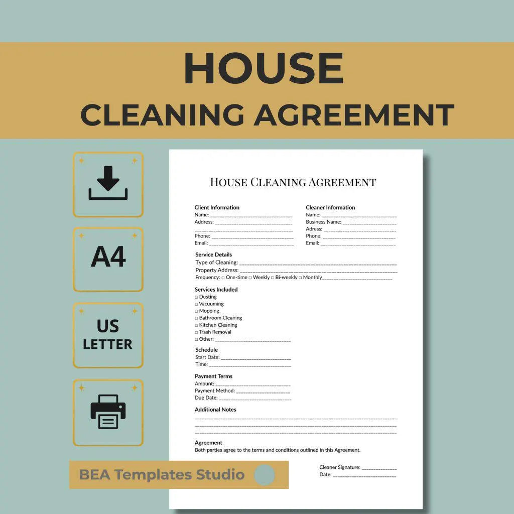 House Cleaning Agreement Template, Service Contract for Cleaning Business, Client Form A4 US Letter