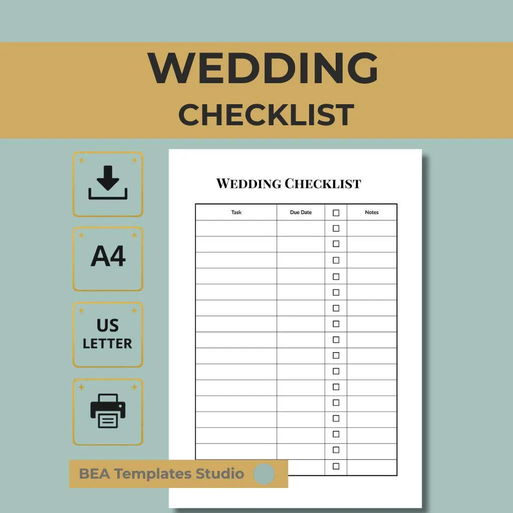 Wedding Checklist, Bridal Planner, Wedding Organizer, Printable PDF A4 US Letter