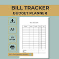 Bill Tracker, Monthly Budget Planner, Expense Tracker A4 US Letter