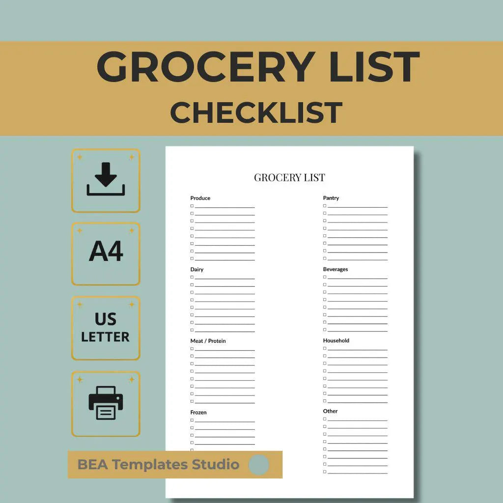 Grocery List Checklist, Weekly Food Planner, Meal Prep Tracker (Digital Download)