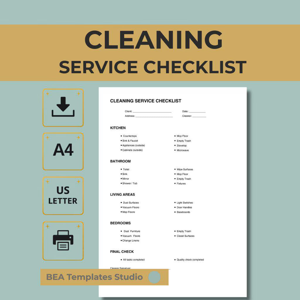 Cleaning Checklist Service Task List House Office Organizer Business Form A4 US Letter