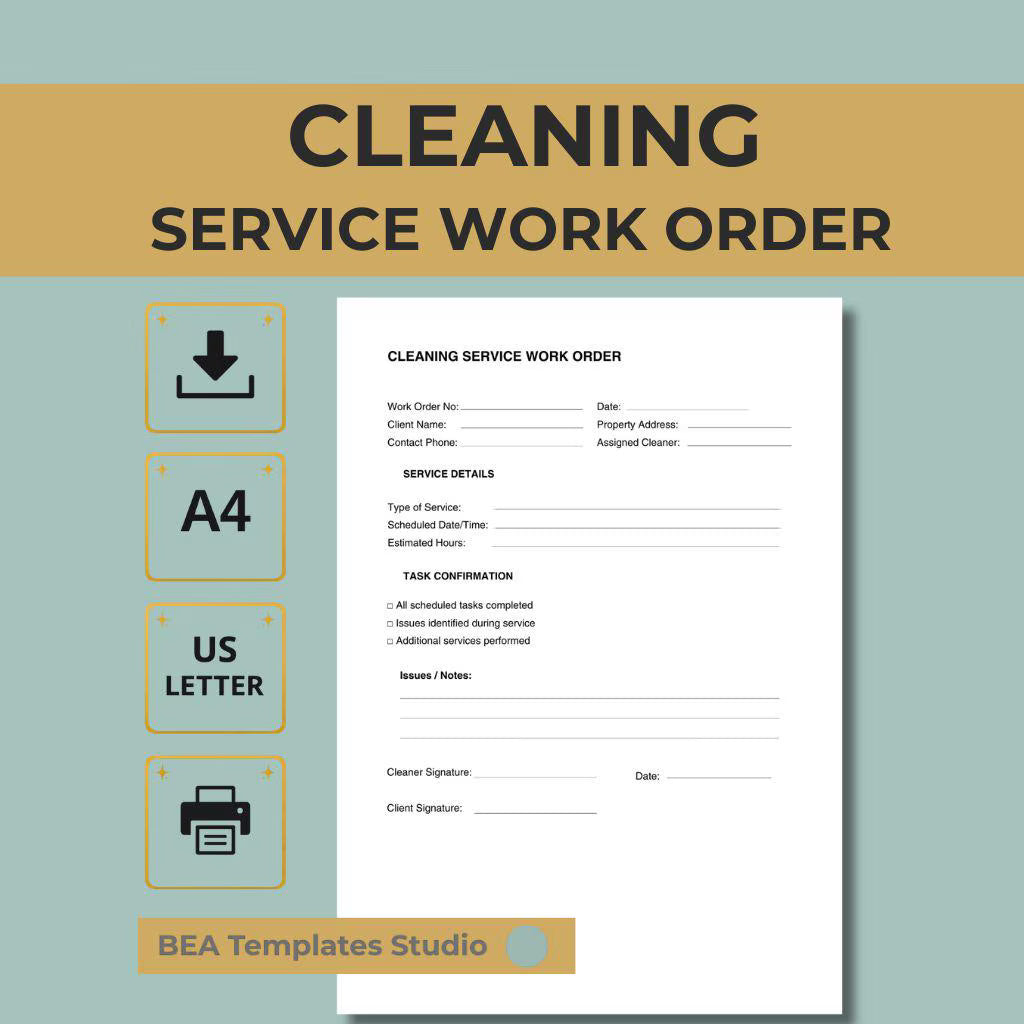 Cleaning Work Order Service Job Sheet Business Form House Office Template A4 US Letter