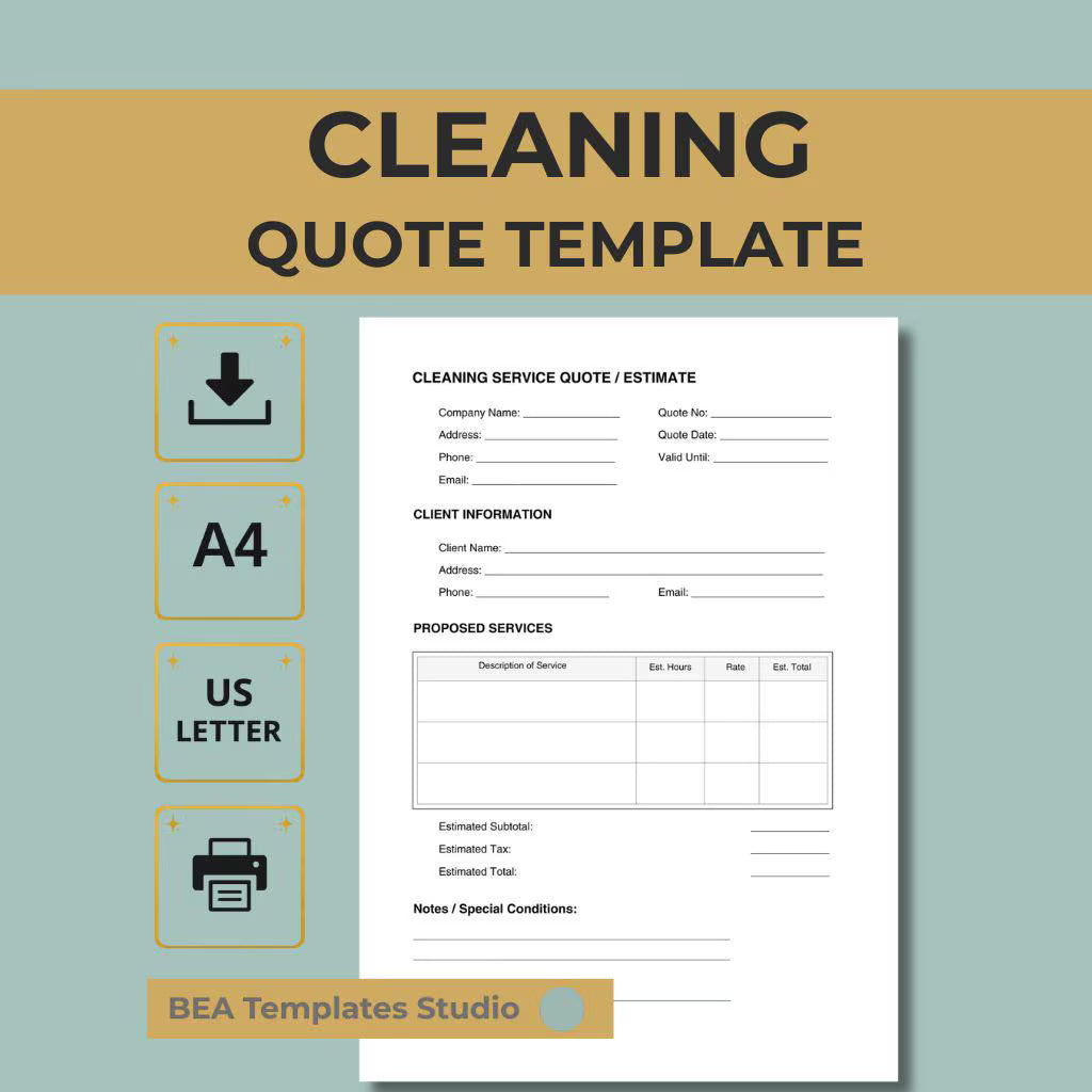 Cleaning Quote Template Service Estimate Form Pricing Sheet Business Proposal A4 US Letter