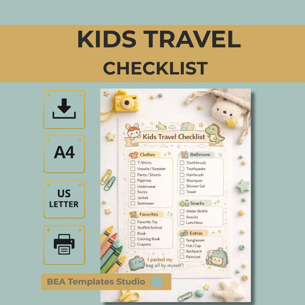 Kids Travel Checklist Packing List Family Vacation Planner Printable PDF A4 US Letter