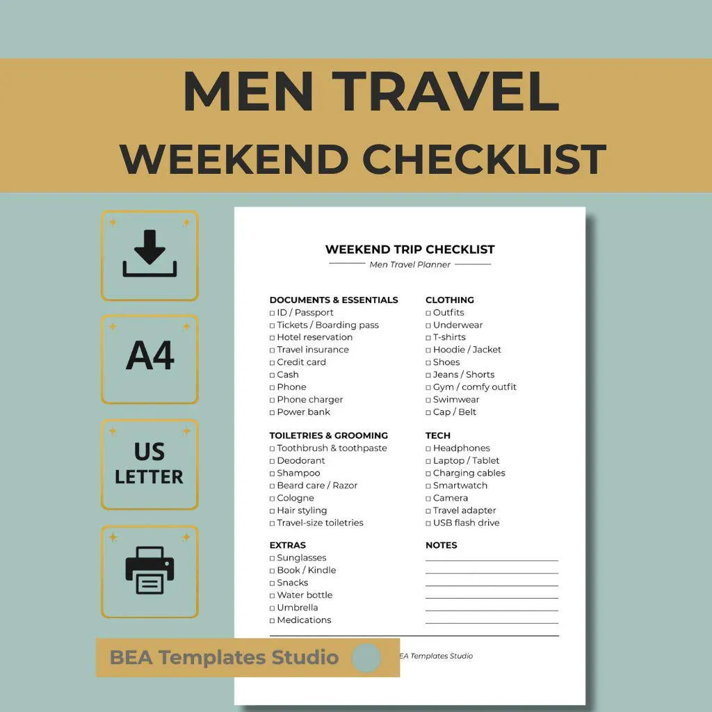Weekend Trip Checklist for Men, Packing List PDF, Short Travel Planner (A4 US Letter)