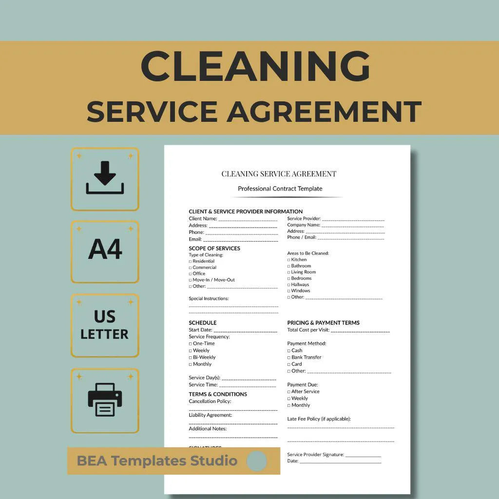 House Cleaning Contract Template Cleaning Service Agreement PDF US Letter A4