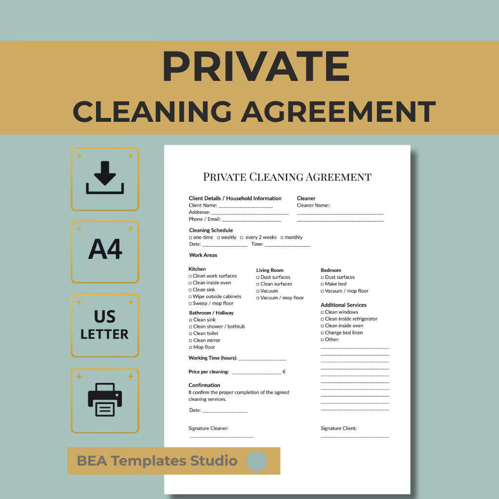 Residential Cleaning Contract Template, Service Agreement PDF, Printable Editable Form