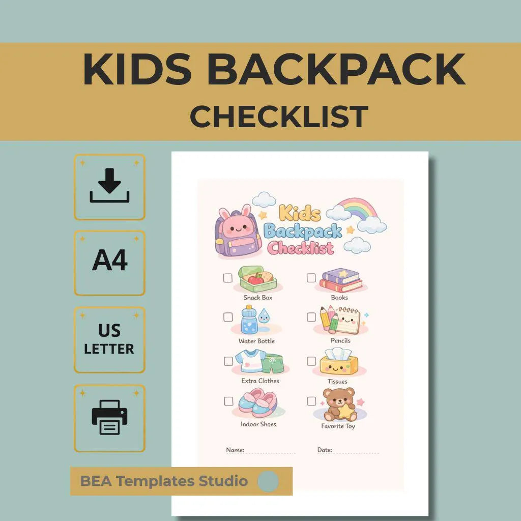 Kids Backpack Checklist Printable Morning Routine for School Kindergarten English PDF A4 US Letter