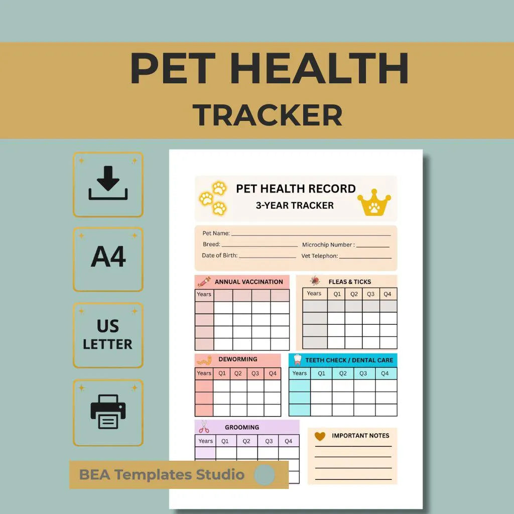 Pet Health Record Tracker (3-Year, PDF Download)