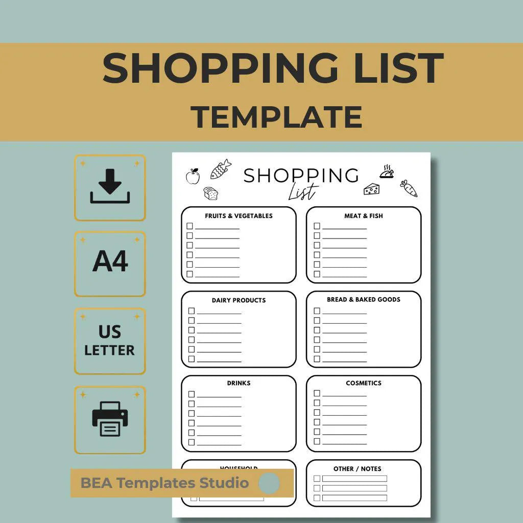 Printable Grocery List PDF A4 US Letter Minimalist Shopping List Template Digital Download
