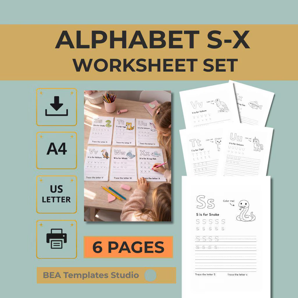 Alphabet Handwriting Worksheets S-X | Animal Letter Tracing Practice (Digital Download)
