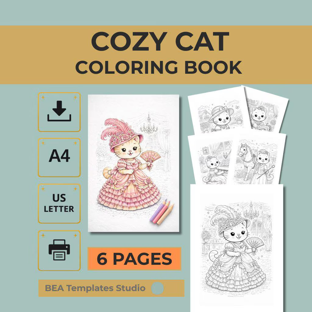 Cozy Cat Coloring Pages for Adults – Vintage Style, 6 Detailed Sheets (Digital Download)