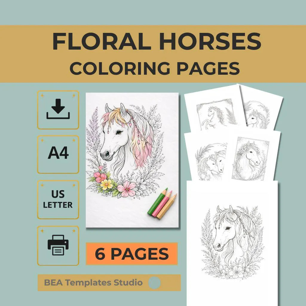 Floral Horse Coloring Pages Printable PDF 6 Elegant Designs for Adults A4 US Letter