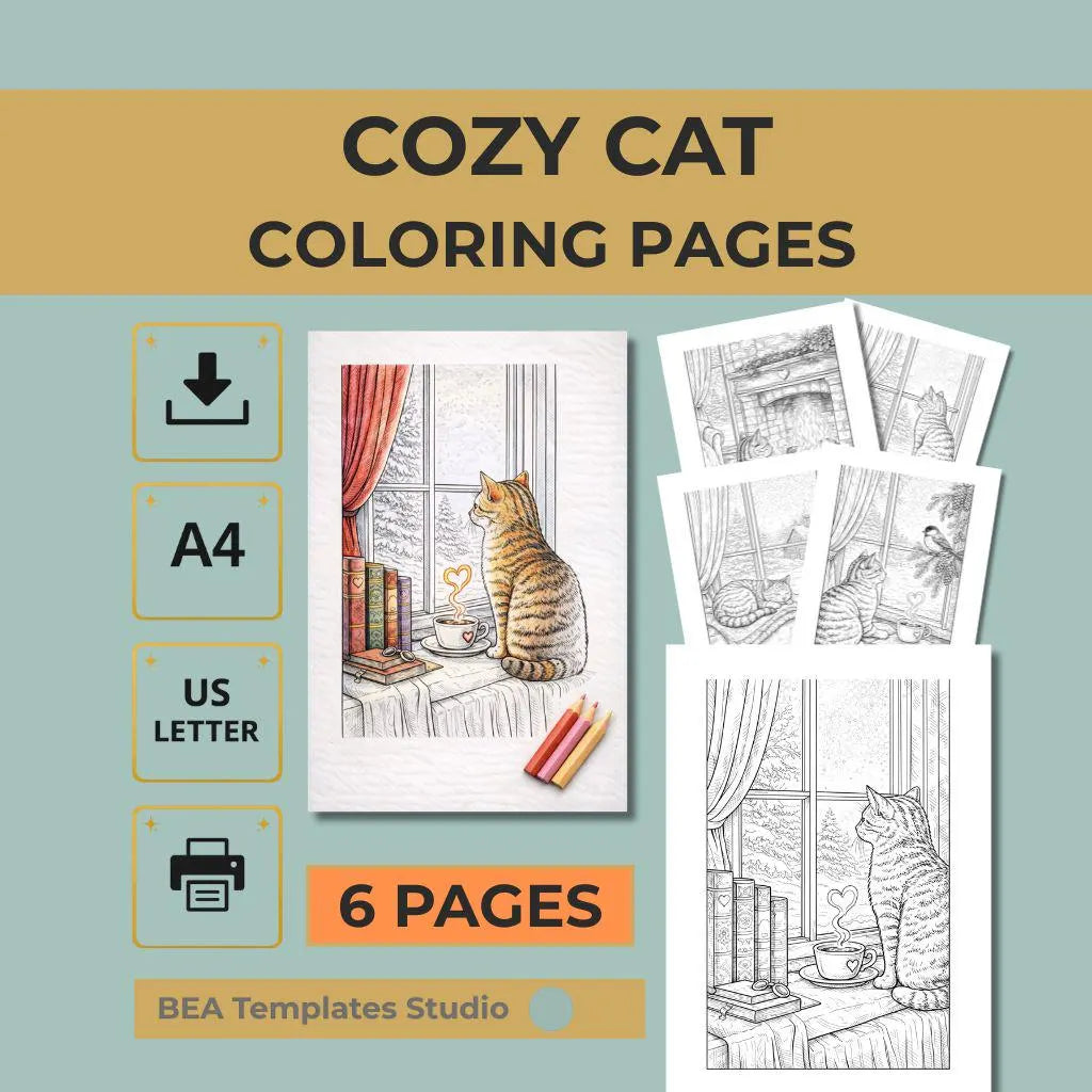 Cozy Cat Coloring Pages Printable PDF 6 Designs for Adults A4 US Letter