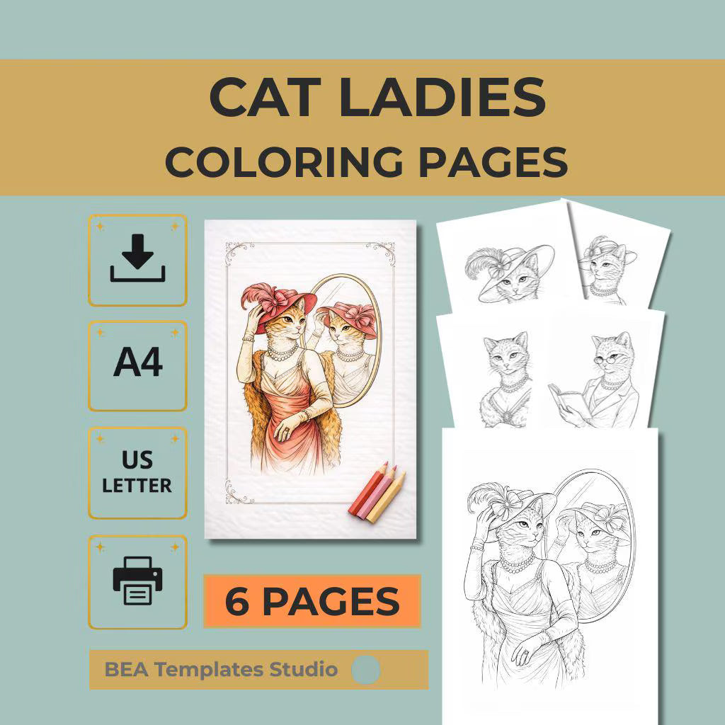 Vintage Cat Ladies Coloring Pages: Elegant Designs for Adults (Digital Download)