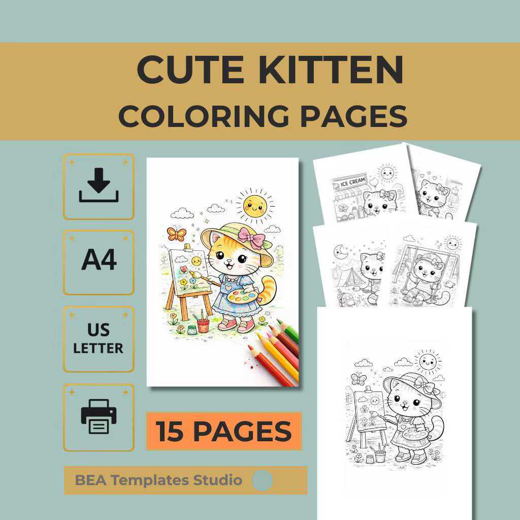 Kitten Coloring Pages for Kids Ages 4–7 – 15 Easy Cat Designs (PDF Download)