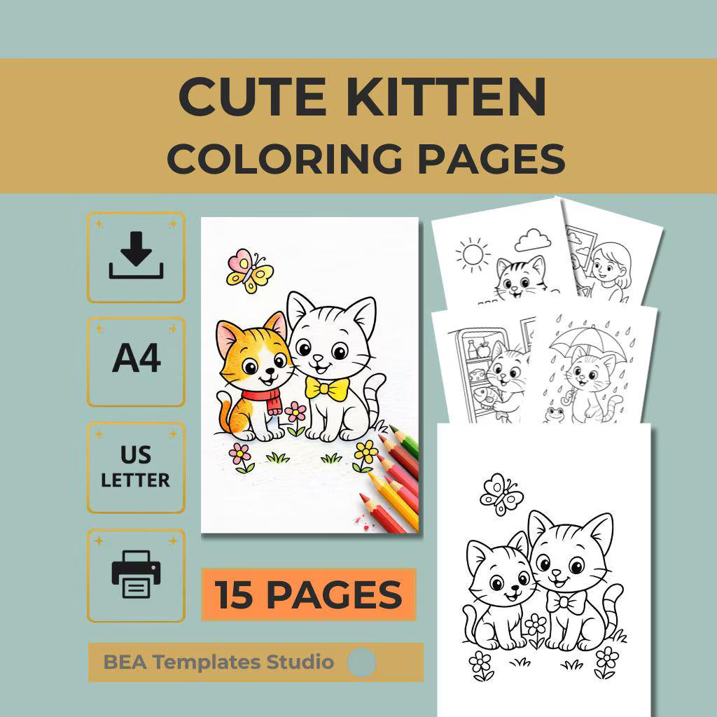 Kawaii Kitten Coloring Book for Kids Ages 3-6 15 Printable Pages PDF Download